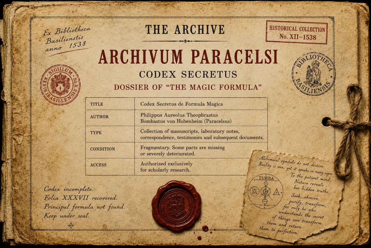 Ein Mensch kann sterben.
Ein Manuskript kann verloren gehen.
Eine Formel kann die Jahrhunderte überdauern.
Das Wissen setzt seinen Weg fort.
Das Dossier zu Die Formel – Das Geheimnis des Paracelsus versammelt Handschriften, Archivdokumente, botanische Tafeln, wissenschaftliche Berichte, Aufzeichnungen des Autors und exklusives Material, das den Leser mitten hinein in das Geheimnis um Paracelsus führt.
Denn der Tod ist nur eine Episode. Das Wissen lebt weiter.
Laden Sie das Archivium Paracelsi herunter.