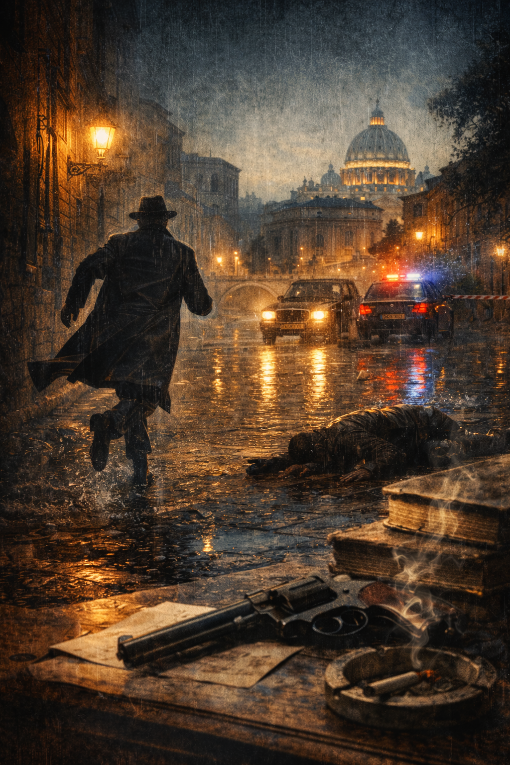 scena noir inseguimento notturno pioggia investigatore strada urbana crime thriller atmosfera italiana