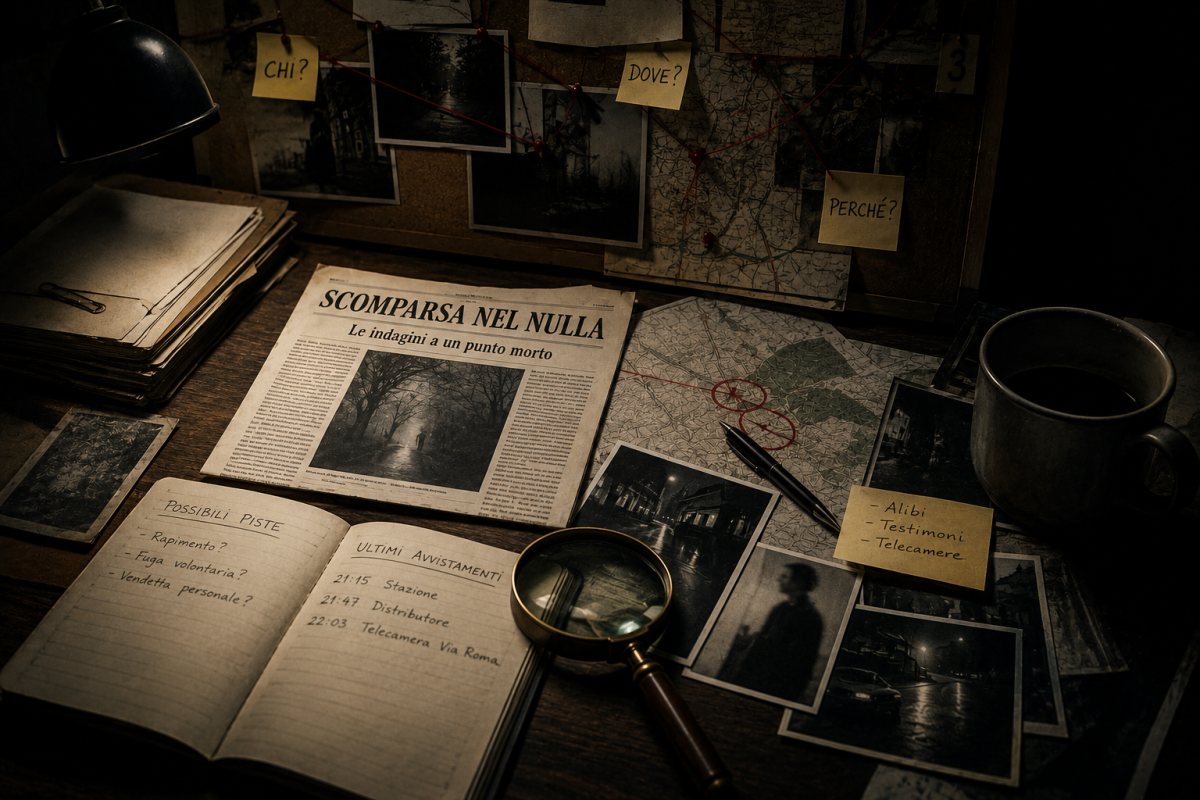scrivania investigativa noir appunti indagine lente d’ingrandimento mappe fotografie thriller psicologico mistero sparizione