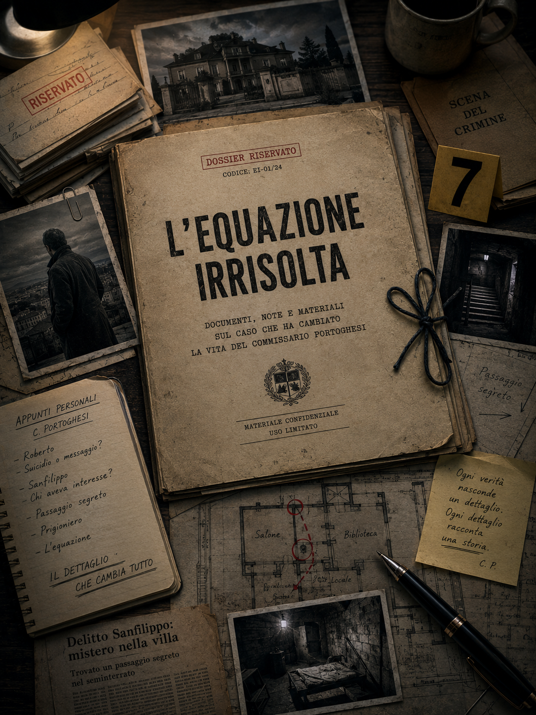 Ogni indagine comincia da un dettaglio.
Una lettera dimenticata.
Un passaggio segreto.
Un prigioniero nascosto nel sottosuolo.
Il Dossier de "L'Equazione Irrisolta" raccoglie documenti investigativi, verbali, rapporti riservati, appunti del commissario Portoghesi, note dell'autore e materiali esclusivi che permettono di esplorare il caso Sanfilippo oltre le pagine del romanzo.
Perché alcune verità restano nascoste finché qualcuno non decide di cercarle.

Accedi al dossier riservato.