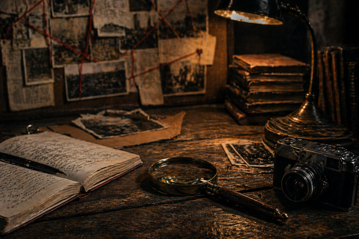 indagine investigativa noir appunti lente d’ingrandimento scrivania detective thriller italiano atmosfera crime