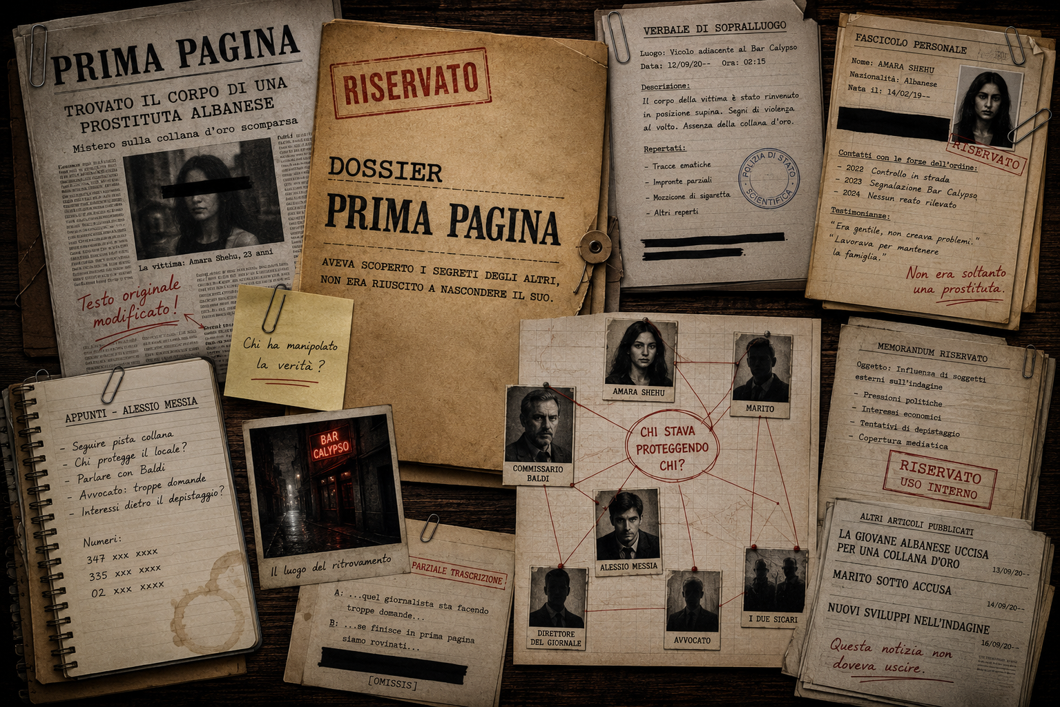 Ogni storia comincia da una notizia.

Un cronista alla ricerca della verità.
Una redazione attraversata da lotte di potere.
Un omicidio che nessuno riesce a spiegare.
Una fonte segreta disposta a rischiare tutto.

Il Dossier di *Prima Pagina* raccoglie documenti riservati, appunti investigativi, materiali esclusivi, commenti dell'autore e contenuti inediti che permettono di esplorare il romanzo oltre le sue pagine.

Perché dietro ogni notizia si nasconde sempre una storia più grande.

**Accedi al dossier riservato.**