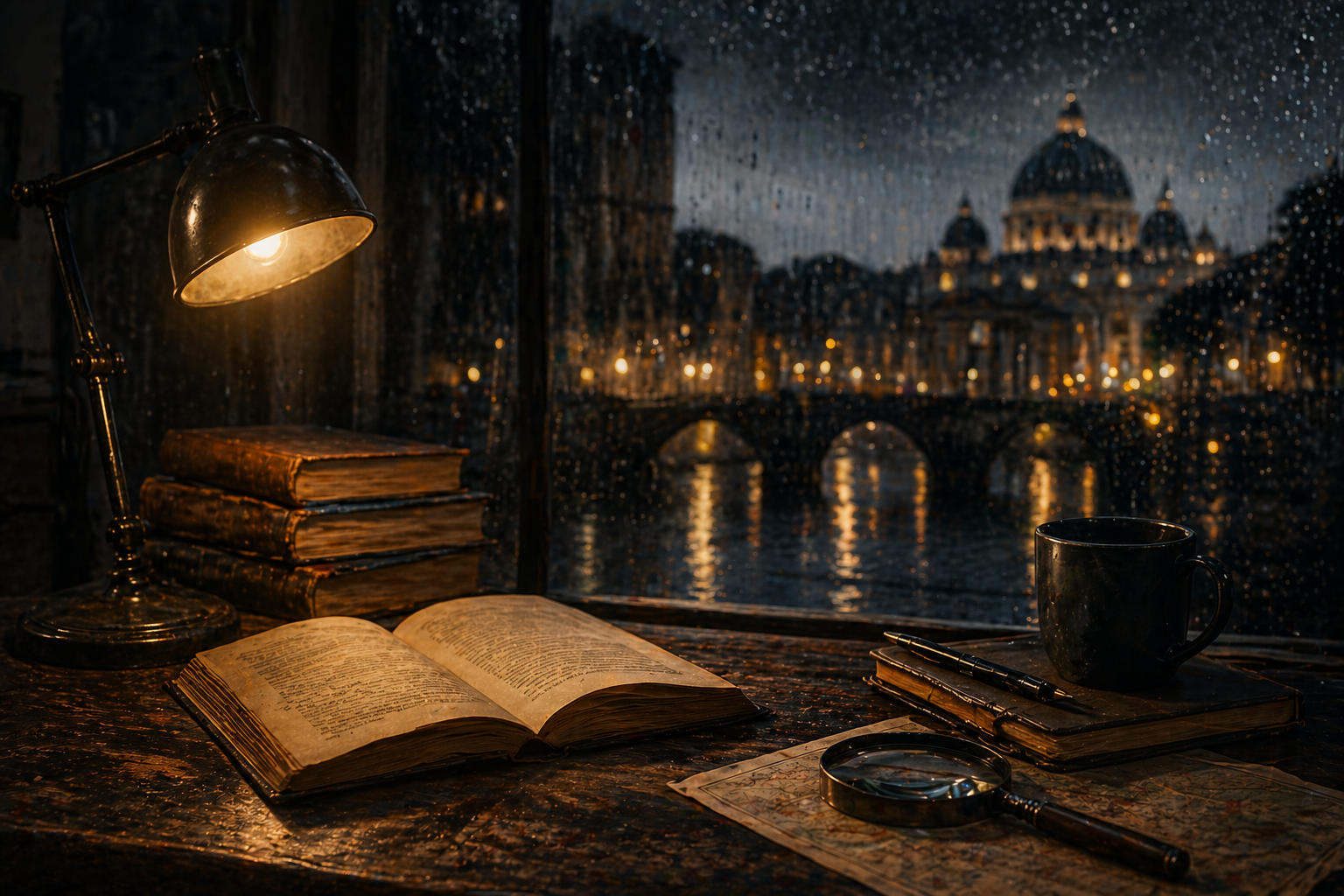 atmosfera thriller italiano libri scrivania investigativa scena notturna studio detective narrativa crime