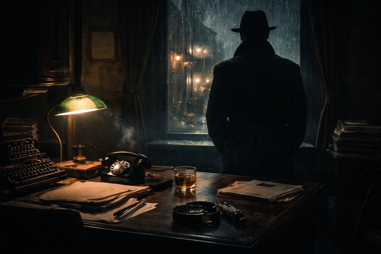 atmosfera noir investigatore ufficio notte indagine romanzo noir italiano